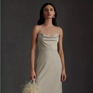 BHLDN Cali Satin Midi Dress, Champagne, size 8